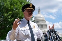 U.S. Capitol Police Chief J. Thomas Manger speaks to reporters as he said a suspect in in custody on a report of a possible explosive device inside a pickup truck outside the Library of Congress, on Capitol Hill in Washington, Aug. 19, 2021.