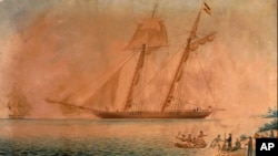This is an 18th Century watercolor by an unknown artist of the Spanish ship La Amistad whose crew were overthrown by their cargo of African slaves.