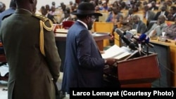 South Sudanese President Salva Kiir delivers a speech to parliament as he begins a new, three-year term in office on July 8, 2015. 