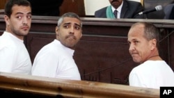 Tiga wartawan Al-Jazeera dari kiri: Baher Mohamed, Mohammed Fahmy, dan Peter Greste saat tampil di pengadilan Kairo, Mesir Maret tahun lalu (foto: dok).