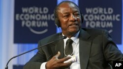 Guinea's President Alpha Conde speaks at the World Economic Forum, Jan. 26, 2012.