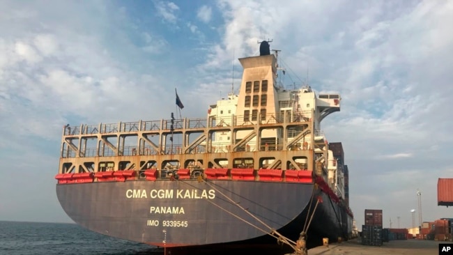 FILE —In this April 1, 2018 photo, a cargo ship is docked at the Port of Berbera, run by DP World, which is majority-owned by the Dubai government in the UAE, in Berbera, Somaliland, Somalia.