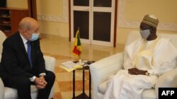 FILE - French Foreign Minister Jean-Yves Le Drian (L) during an official visit with the interim President of Mali Bah Ndaw (R) in Bamako, Oct. 25, 2020. (Malian Presidency via AFP)