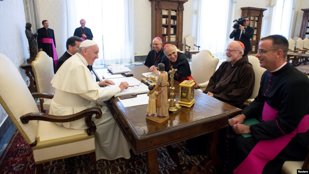 Pope Francis meets U.S. Catholic Church leaders Cardinal Daniel DiNardo, Archbishop of Galveston-Houston, Archbishop of Los Angeles Jose Horacio Gomez, Cardinal Sean Patrick O'Malley, Archbishop of Boston, and Monsignor Brian Bransfield, General Secretary of the United States Conference of Catholic Bishops, during a private audience at the Vatican, Sept. 13, 2018. 