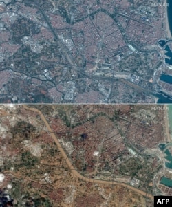 This combination of satellite photos courtesy of Maxar Technologies created on Oct. 31, 2024, shows Valencia, Spain, before (top) and after deadly flash floods.