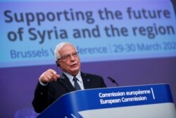 European Union foreign policy chief Josep Borrell speaks at the European Commission headquarters, in Brussels, Belgium, March 30, 2021.