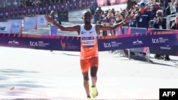 Abdi Nageeye of the Netherlands crosses the finish line to win the men's division during the New York Marathon in New York City, Nov. 3, 2024. 