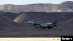 A U.S. Air Force F-16 takes off during a joint international aerial training exercise hosted by Israel and dubbed "Blue Flag 2017" at Ovda military air base in southern Israel, Nov. 8, 2017.