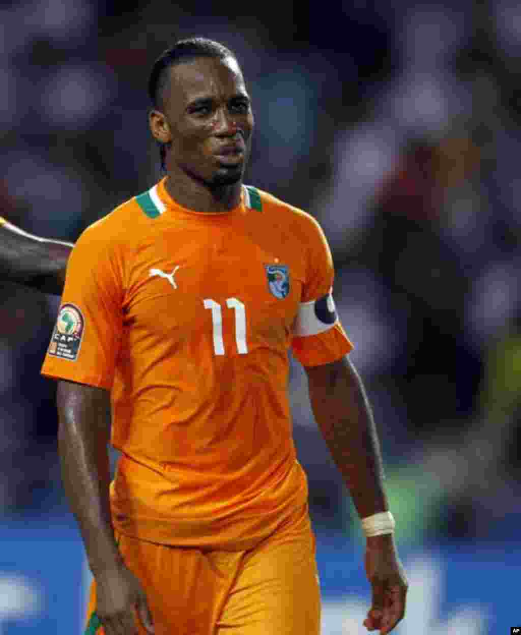 Ivory Coast's captain Didier Drogba reacts after missing a penalty during their African Nations Cup final soccer match against Zambia at the Stade De L'Amitie Stadium in Gabon's capital Libreville, February 12, 2012.