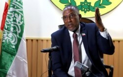 FILE - Muse Bihi Abdi of Somaliland speaks during a news conference in his office in Hargeysa, in northern Somalia's semi-autonomous Somaliland region, Oct. 10, 2018.