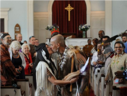 Photo shows Shawn Silva and Lisa Carlson (StrongMedicine Bear and WomanWarrior), Natick Praying Indians at their marriage ceremony at the Eliot Church in South Natick, Mass., Sept. 26, 2015