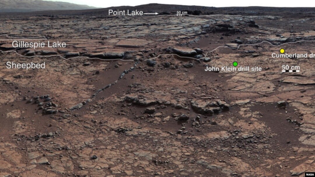 Curiosity's drill sites at Yellowknife Bay inside Mar's Gale Crater (NASA/JPL-Caltech/MSSS)