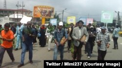 Quelques personnes marchent dans les rues de Buea, chef-lieu de la région anglophone du Sud-Ouest, pour dénoncer la tentative de sécession des deux régions anglophones du Cameroun, le 31 juillet 2018. (Twitter/Mimi237) 