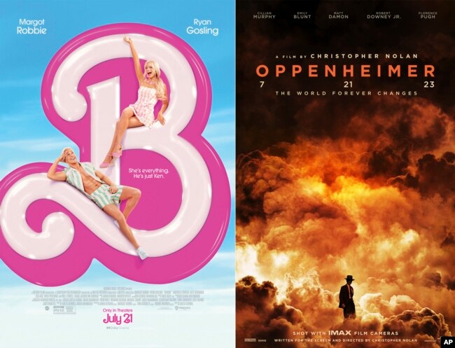 This combination of images shows promotional art for "Barbie," left, and "Oppenheimer." (Warner Bros Pictures/Universal Pictures via AP)