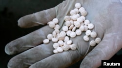 FILE - A customs officer displays Captagon pills, part of the 789 kilograms (1739 pounds) of confiscated drugs, before their incineration in Sofia, Bulgaria, in 2007. 