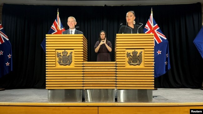 New Zealand's new PM Chris Hipkins and new Deputy PM Carmel Sepuloni attend a news conference after being confirmed as the new Prime Minister and Deputy Prime Minister in Wellington New Zealand, Jan. 22, 2023.