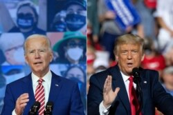 This combination of pictures shows Democratic presidential nominee and former Vice President Joe Biden on Oct. 23, 2020 in Wilmington, Delaware, On the right is U.S. President Donald Trump in Gastonia, North Carolina, Oct. 21, 2020.