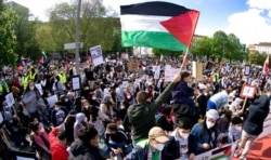 People attend a protest rally in solidarity with Palestinians in Berlin, May 15, 2021.