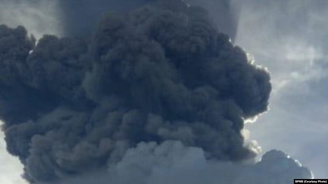 Gunung Sinabung di Karo, Sumut, kembali erupsi Minggu sore (9/6) dengan tinggi kolom abu mencapai tujuh kilometer. Tidak ada korban jiwa, status gunung tetap 'siaga.' (courtesy: BNPB)