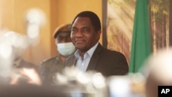 FILE - Zambian president-elect Hakainde Hichilema addresses a press conference at his residence in Lusaka, Zambia, Aug, 16, 2021.