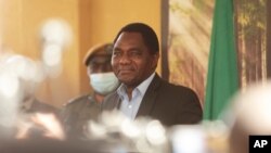 FILE - Zambian then-president-elect Hakainde Hichilema addresses a press conference at his residence in Lusaka, Zambia, Aug, 16, 2021.