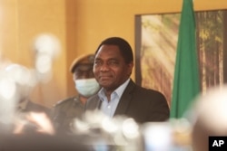 FILE - Zambian president-elect Hakainde Hichilema addresses a press conference at his residence in Lusaka, Zambia, Aug, 16, 2021.