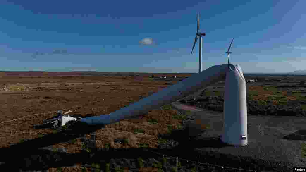 A drone view shows a damaged wind turbine that was blown over during Storm Eowyn, in Inverin, Ireland, Jan. 29, 2025. 