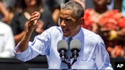 FILE - President Barack Obama speaks about the economy at the Los Angeles Trade-Technical College in Los Angeles, July 2014.