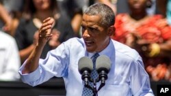 President Barack Obama speaks about the economy and requests "economic patriotism" from American corporations that seek overseas mergers to avoid U.S. taxes, at the Los Angeles Trade-Technical College in Los Angeles, July 24, 2014.