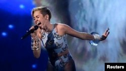 Miley Cyrus performing 'Wrecking Ball' in Los Angeles, California last year.