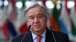 FILE - In this file photo taken on June 24, 2021, Secretary-General of the United Nations Antonio Guterres addresses media representatives in Brussels.
