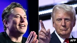 This combination of pictures created on Aug. 12, 2024 shows Tesla CEO Elon Musk, left, speaking ain Los Angeles on May 6, 2024, and 2024 Republican presidential candidate Donald Trump at the Fiserv Forum in Milwaukee, Wisconsin, on July 18, 2024.