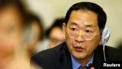 FILE - North Korea's Ambassador to the United Nations Han Tae Song attends a Conference on Disarmament at the United Nations Office in Geneva, Switzerland, Sept. 5, 2017.