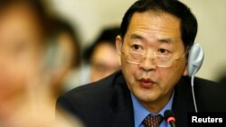 FILE - North Korea's Ambassador to the United Nations Han Tae Song attends a conference on disarmament at the United Nations Office in Geneva, Switzerland, Sept. 5, 2017.