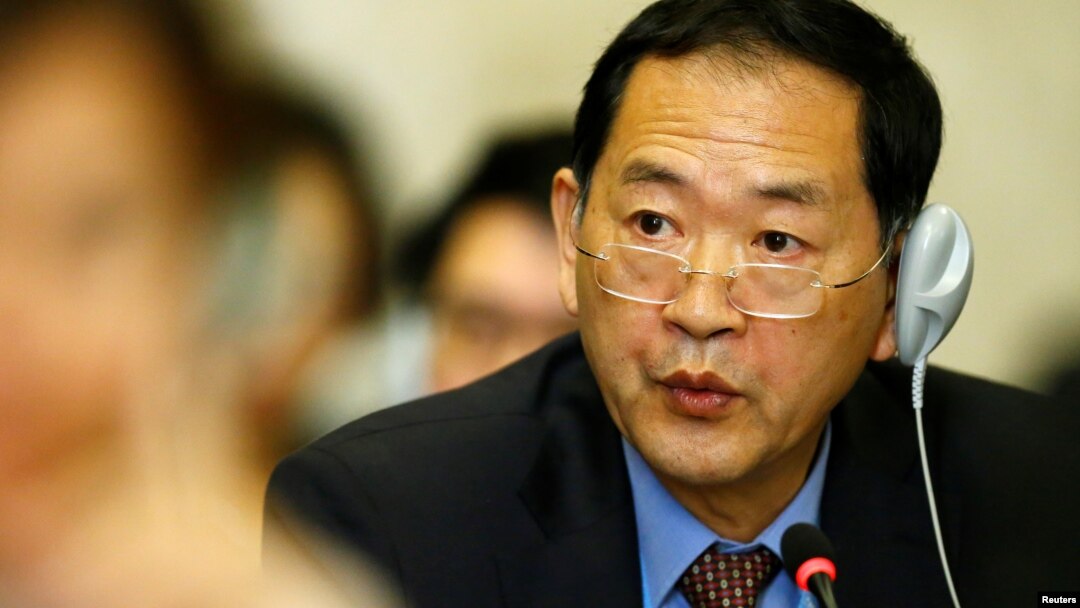 FILE - North Korea's Ambassador to the United Nations Han Tae Song attends a conference on disarmament at the United Nations Office in Geneva, Switzerland, Sept. 5, 2017.