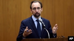 FILE - U.N. High Commissioner for Human Rights Zeid Ra’ad Al Hussein answers a question after he delivered a speech on Korea in the human rights world during a lecture at Yonsei University in Seoul, South Korea on June 24, 2015.