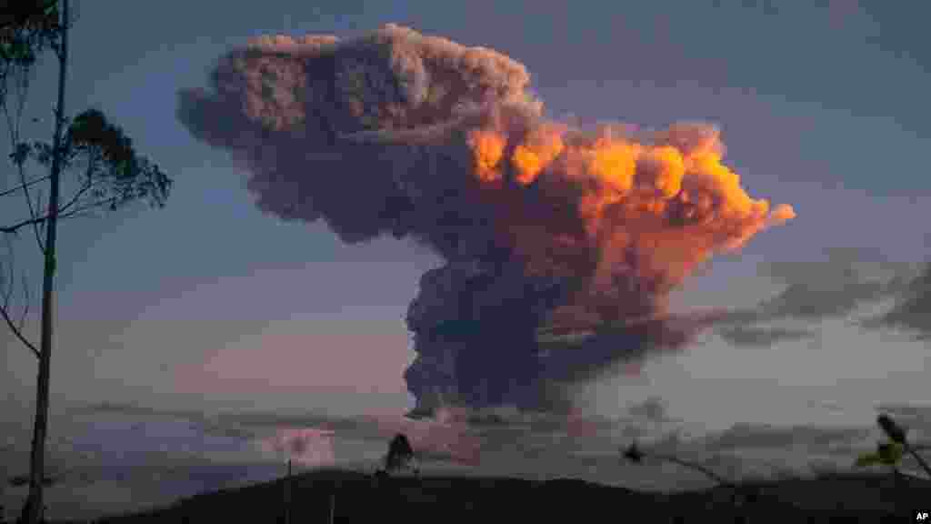 The Tungurahua volcano spews a column of ash as seen from Ambato, Ecuador, April 4, 2014.