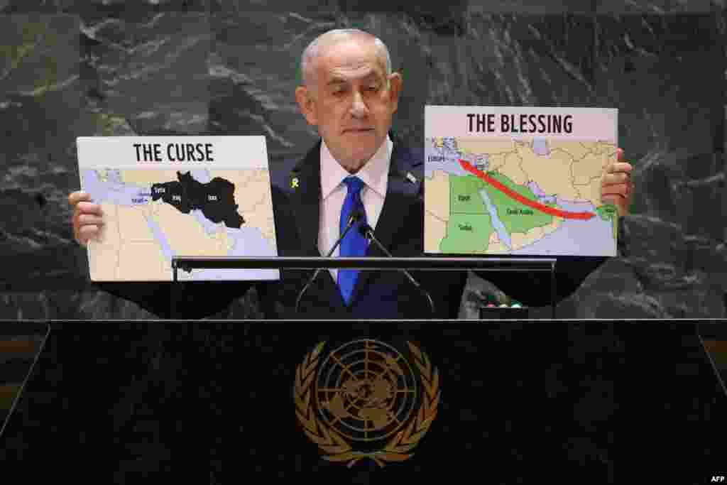 Israeli Prime Minister Benjamin Netanyahu speaks during the 79th Session of the United Nations General Assembly at the United Nations headquarters in New York City. Many delegates walked out.