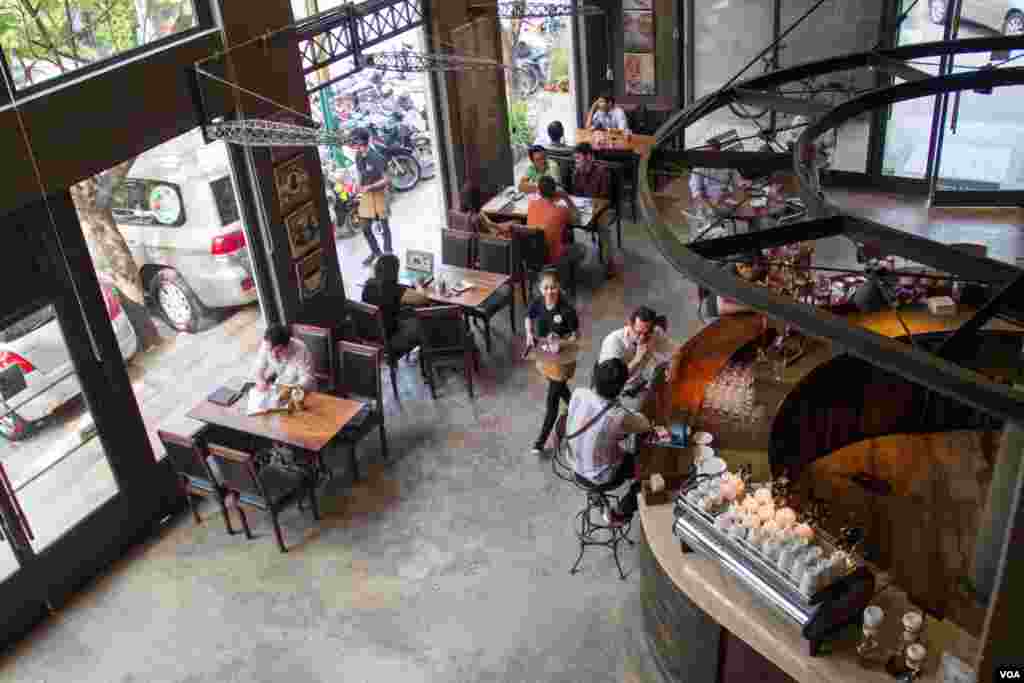 A typical busy day at Coffee Brown Roastery, where working and meeting in a coffee shop is in trending now in Phnom Penh.