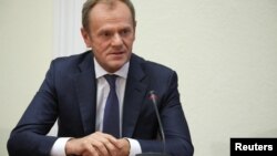 European Council President Donald Tusk testifies on Amber Gold pyramid scheme, at the parliamentary panel in Warsaw, Poland, Nov. 5, 2018. 