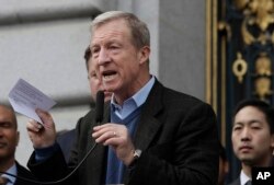 Environmental activist Tom Steyer speaks at a rally for clean energy in San Francisco, Feb. 28, 2018.
