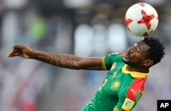 Cameroon's Andre Frank Zambo Anguissa heads the ball during the Confederations Cup, Group B match between Germany and Cameroon, at the Fisht Stadium in Sochi, Russia, June 25, 2017.