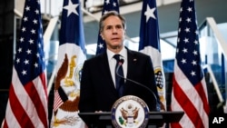 Newly confirmed Secretary of State Antony Blinken addresses a welcome ceremony at the State Department, Wednesday, Jan. 27, 2021 in Washington. 