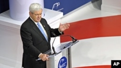 Republican presidential candidate, former House Speaker Newt Gingrich speaks at the Republican Jewish Coalition, Dec. 7, 2011