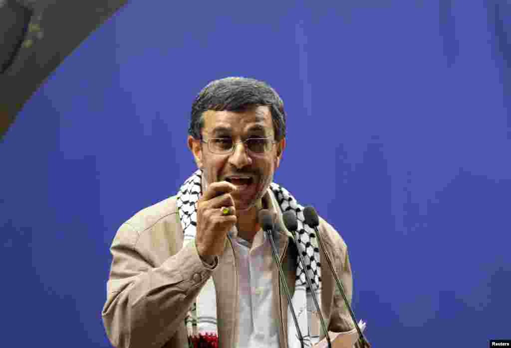 Iranian President Mahmoud Ahmadinejad speaks at the conclusion of an annual pro-Palestinian rally in Tehran, Iran, Friday, Aug. 17, 2012. Iran's president says Israel's existence is an "insult to all humanity." 
