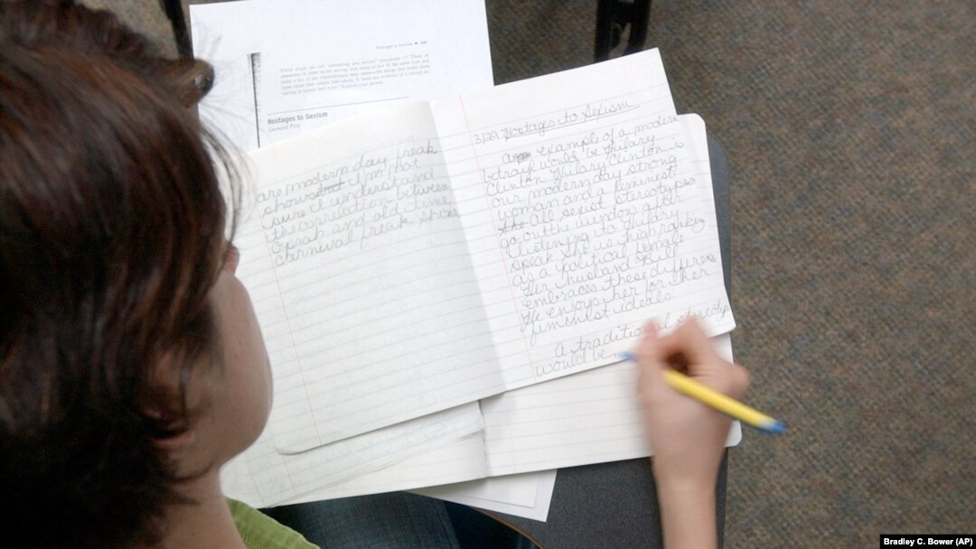 FILE - Student Elise Harry works on a writing assignment on March 29, 2005, at the Exton, Pennsylvania campus of Delaware County Community College.