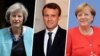 از راست آنگلا مرکل، امانوئل ماکرون و ترزا می رهبران آلمان، فرانسه و بریتانیا