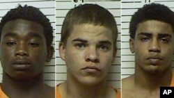 This combination made with booking photos provided by the Stephens County, Oklahoma Sheriffs Department, shows, from left, James Francis Edwards Jr., 15, Michael Dewayne Jones, 17, and Chancey Allen Luna, 16, all of Duncan, Oklahoma. 