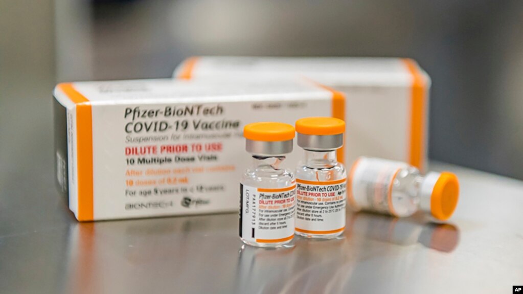 This October 2021 photo provided by Pfizer shows kid-size doses of its COVID-19 vaccine in Puurs, Belgium. The drug-maker says the vaccine appears safe and nearly 91% effective at preventing symptomatic infections in 5- to 11-year-olds.