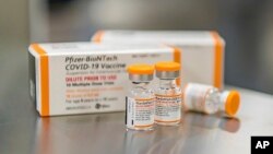 This October 2021 photo provided by Pfizer shows kid-size doses of its COVID-19 vaccine in Puurs, Belgium. The drug-maker says the vaccine appears safe and nearly 91% effective at preventing symptomatic infections in 5- to 11-year-olds.